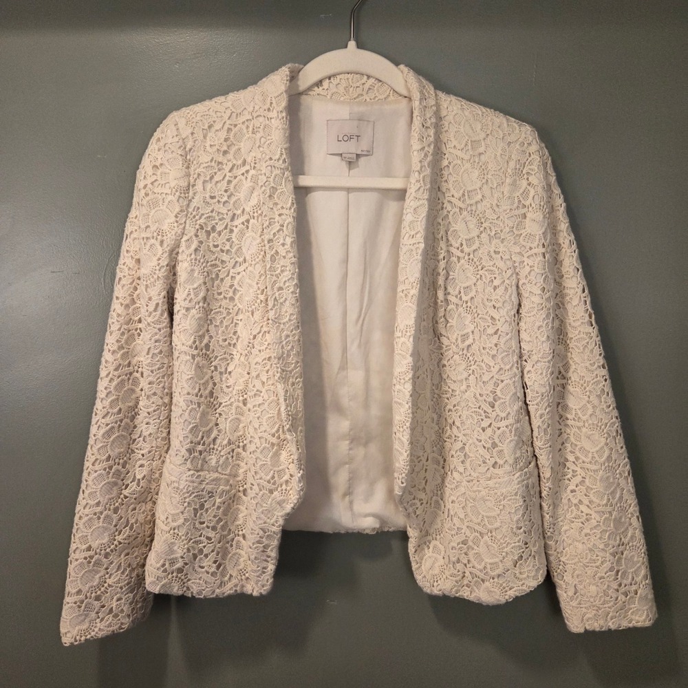 Loft Women's Crochet Floral Lace Open Front Blazer Office, Size 6 Petite, Cream